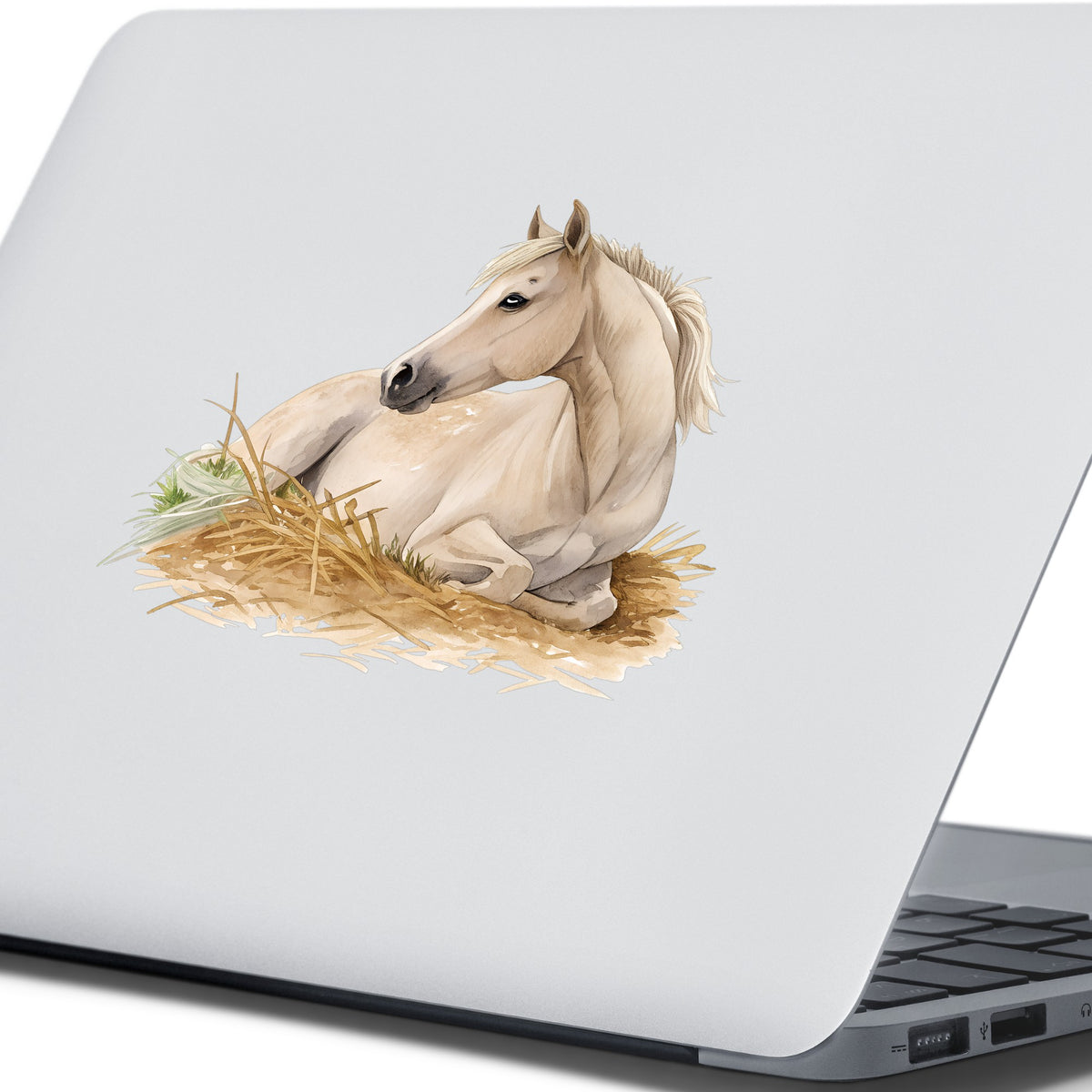 Cream Horse Resting In Hay UV DTF sticker applied to the lid of a silver laptop