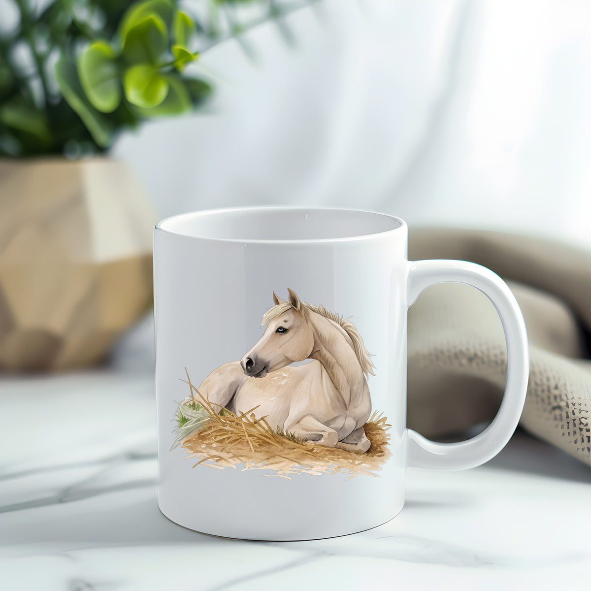 Cream Horse Resting In Hay UV DTF sticker applied to a white coffee mug
