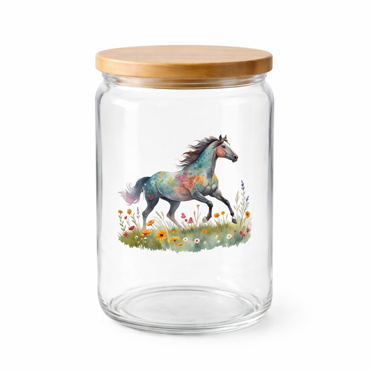 Floral Horse Running Through Wildflowers UV DTF sticker applied to a clear glass jar with a wooden lid