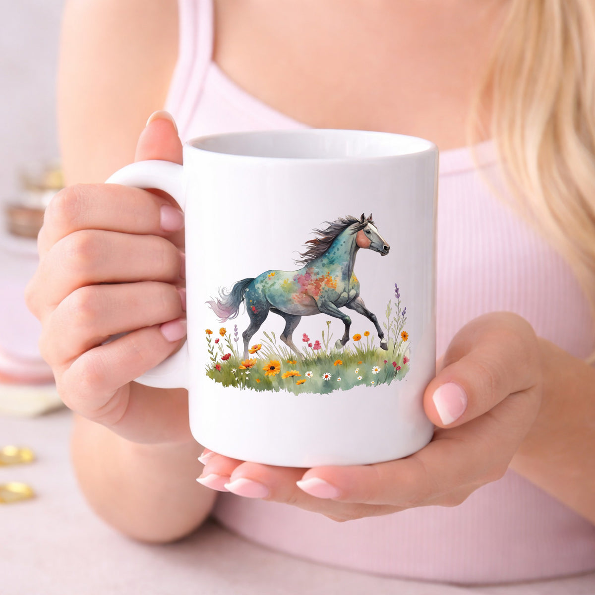 Floral Horse Running Through Wildflowers UV DTF sticker applied to a white coffee mug held in both hands