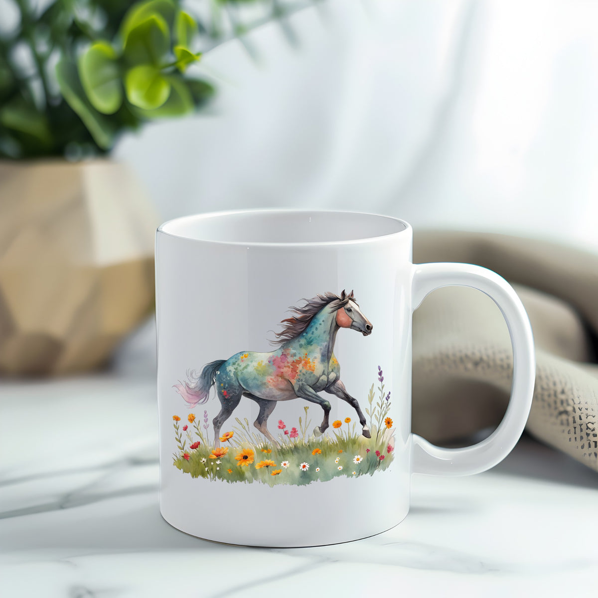 Floral Horse Running Through Wildflowers UV DTF sticker applied to a white coffee mug