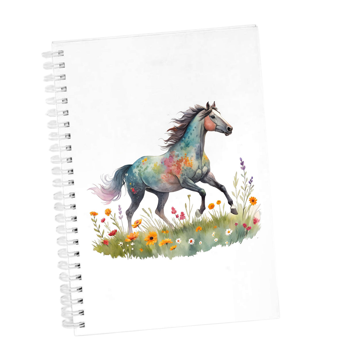 Floral Horse Running Through Wildflowers UV DTF sticker applied to the cover of a white spiral journal