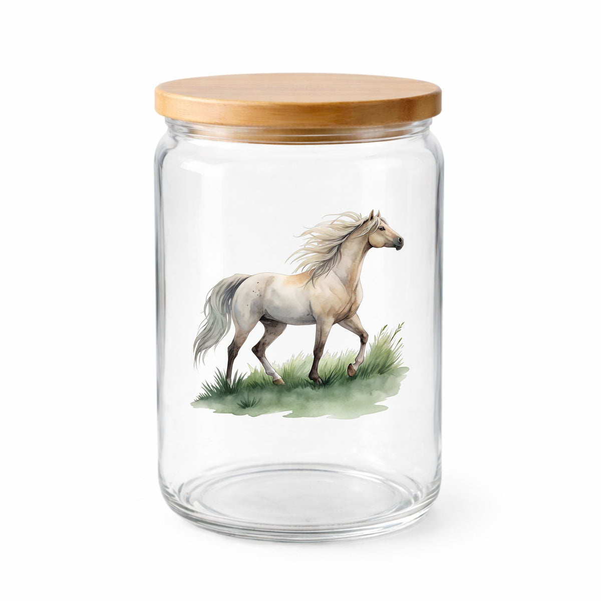 Cream Horse Trotting On Grass UV DTF sticker applied to a clear glass jar with a wooden lid