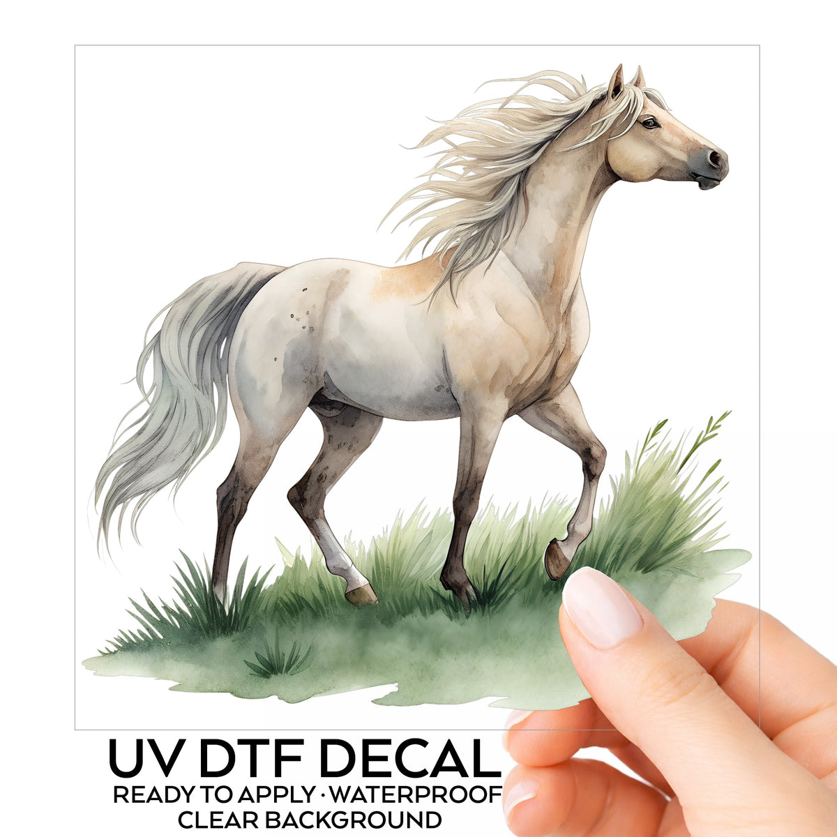 Cream Horse Trotting On Grass UV DTF sticker on its backing card, held in hand