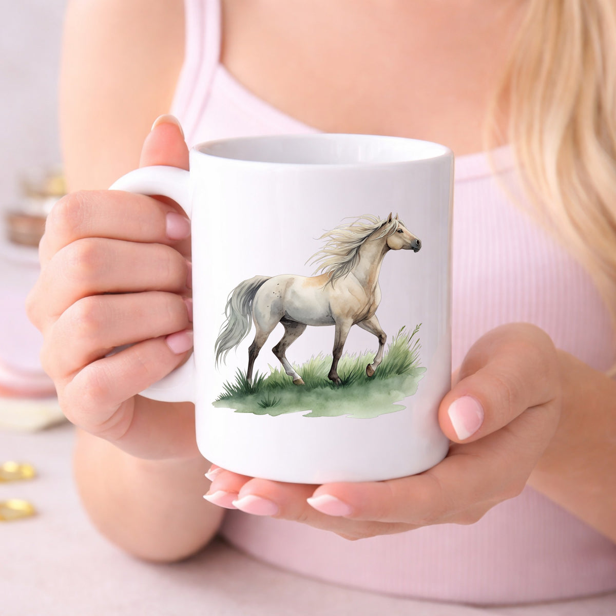 Cream Horse Trotting On Grass UV DTF sticker applied to a white coffee mug held in both hands