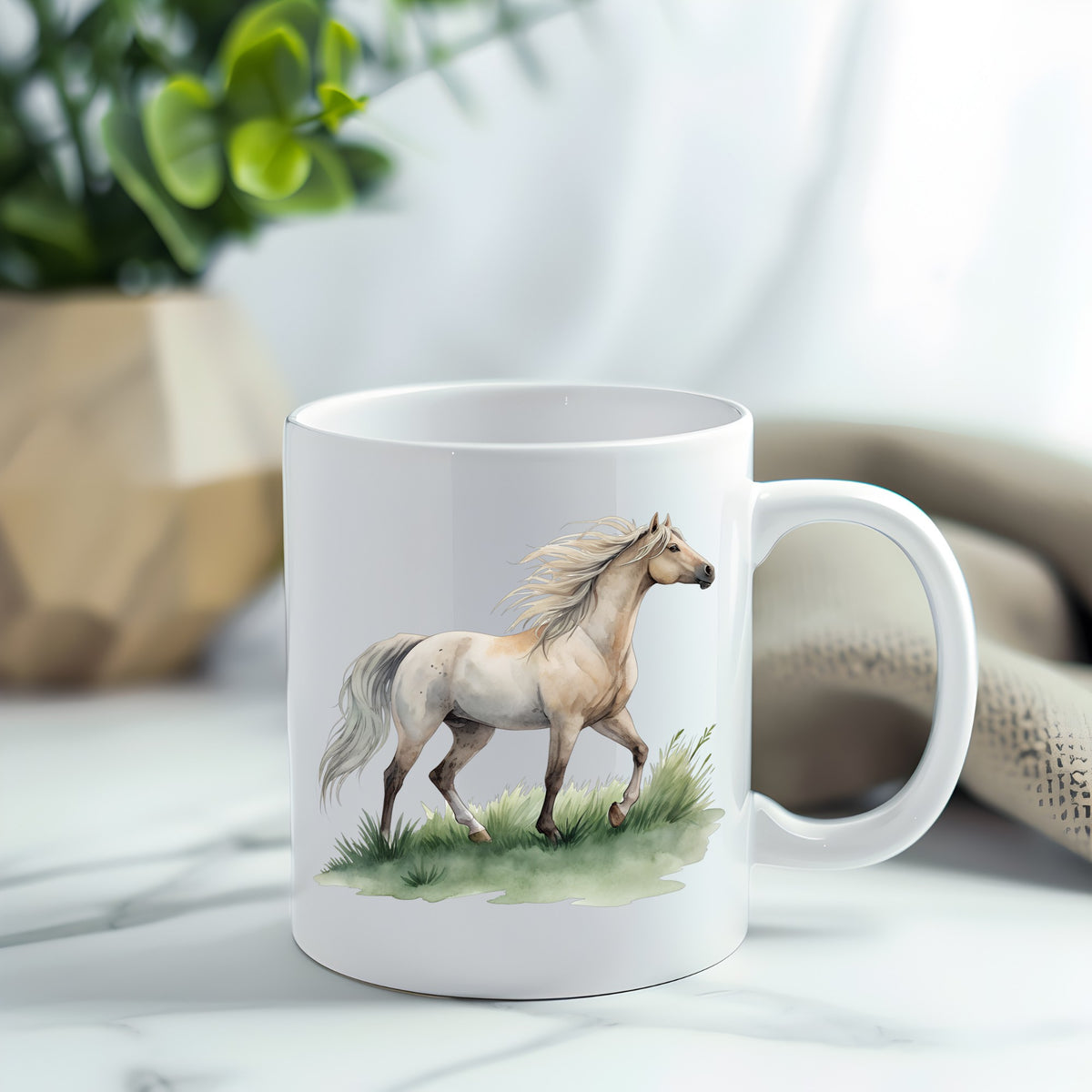 Cream Horse Trotting On Grass UV DTF sticker applied to a white coffee mug