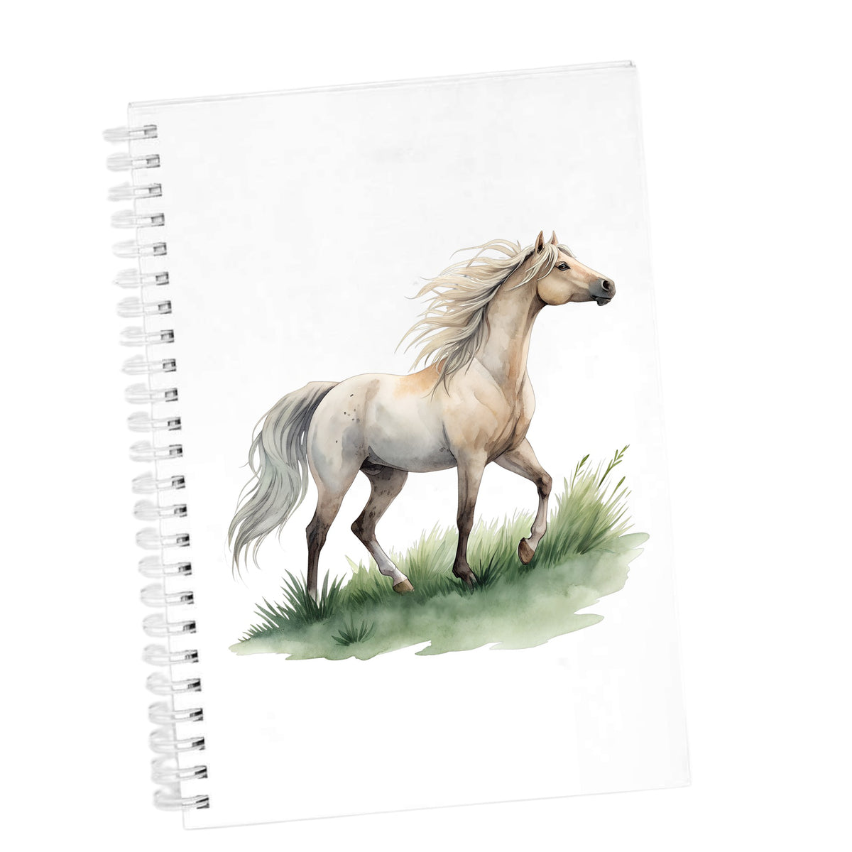 Cream Horse Trotting On Grass UV DTF sticker applied to the cover of a white spiral journal