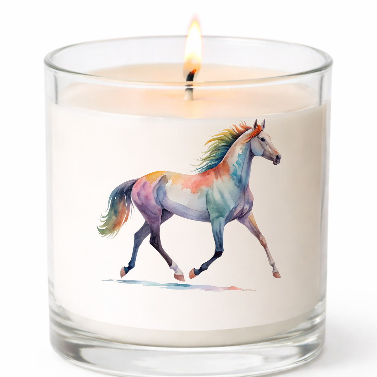 Rainbow Mane Horse Trotting UV DTF sticker applied to a white candle in a clear glass jar