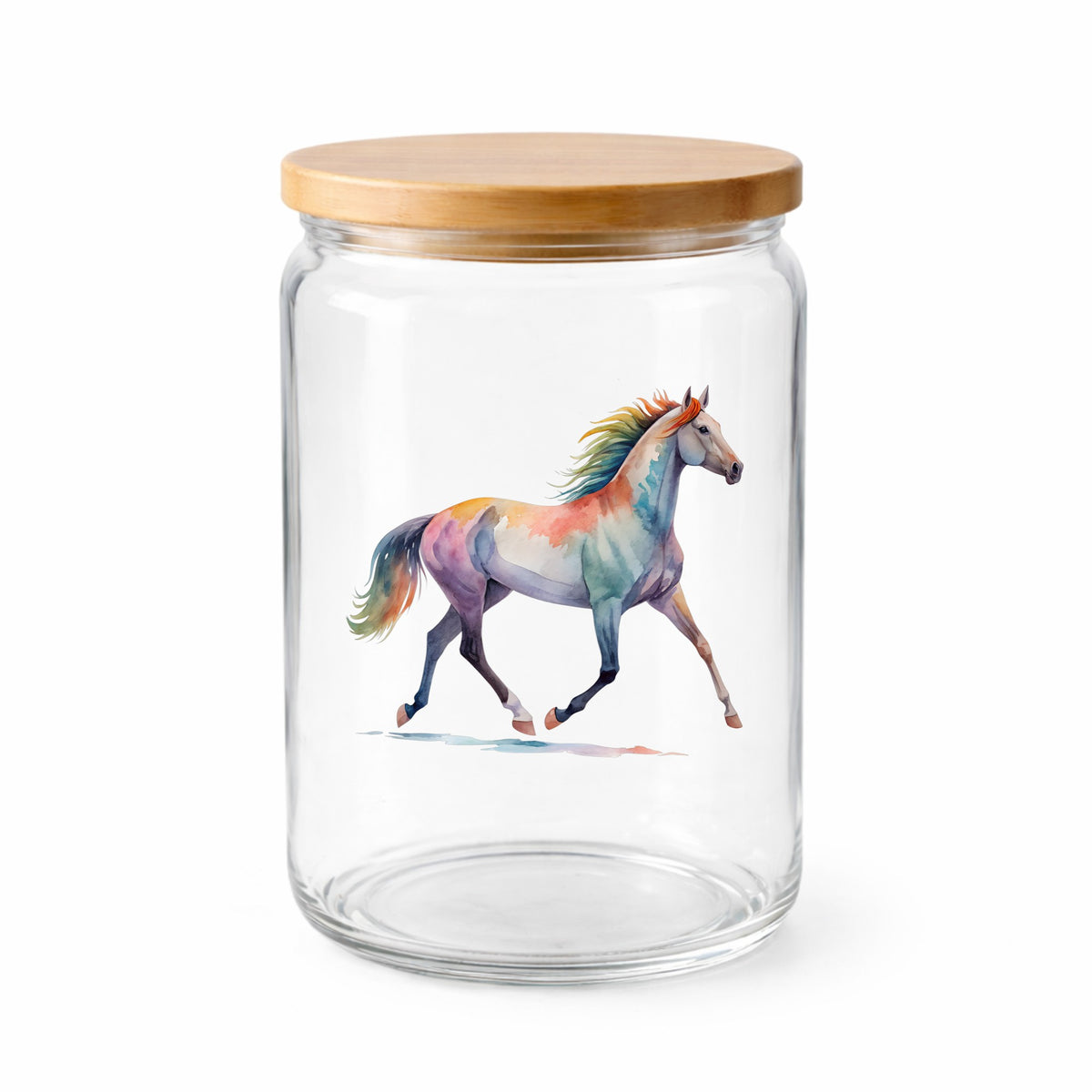 Rainbow Mane Horse Trotting UV DTF sticker applied to a clear glass jar with a wooden lid