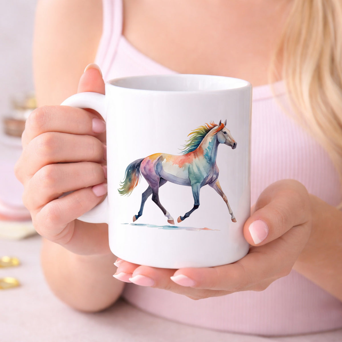 Rainbow Mane Horse Trotting UV DTF sticker applied to a white coffee mug held in both hands