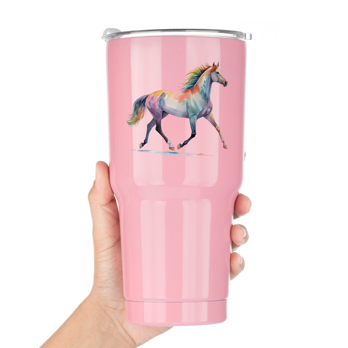 Rainbow Mane Horse Trotting UV DTF sticker applied to a pink tumbler held against a white background