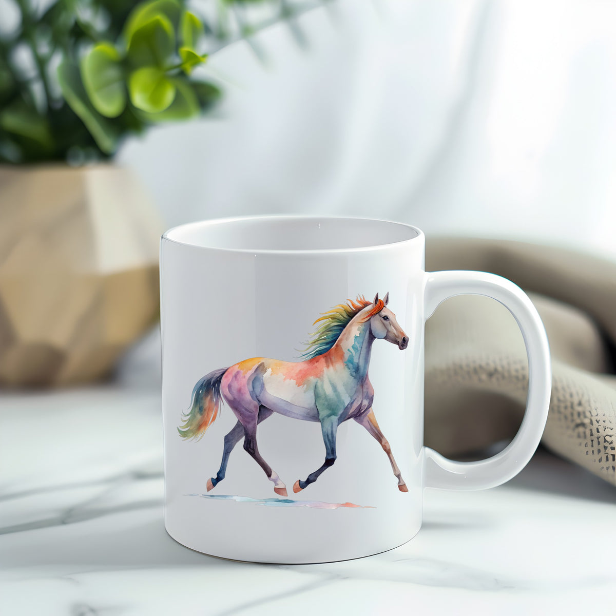 Rainbow Mane Horse Trotting UV DTF sticker applied to a white coffee mug
