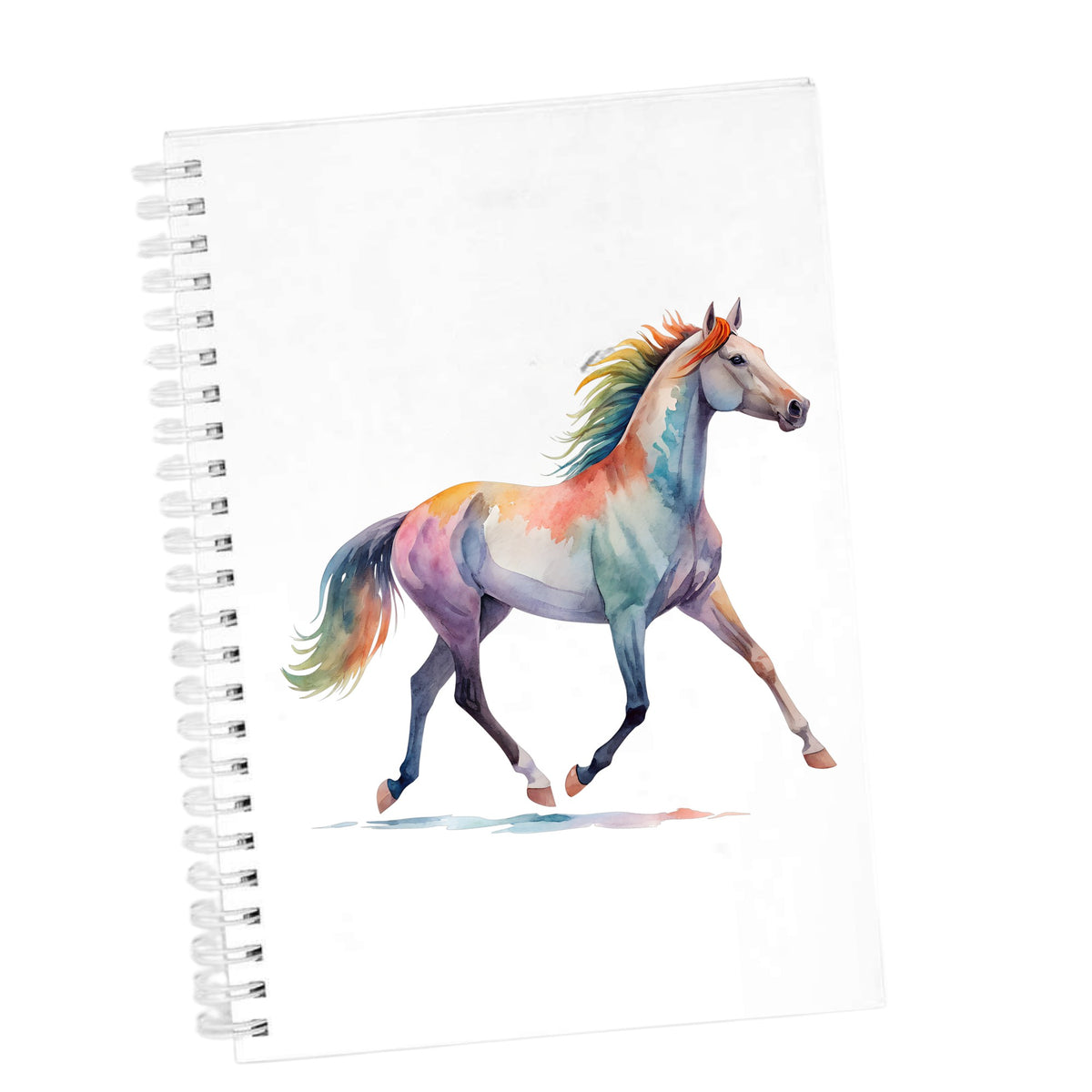 Rainbow Mane Horse Trotting UV DTF sticker applied to the cover of a white spiral journal