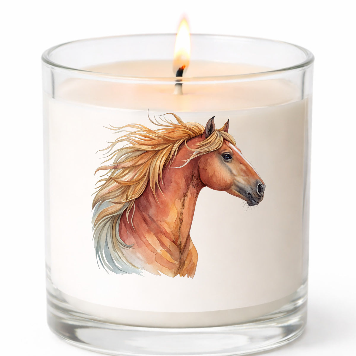 Chestnut Horse Head Golden Mane UV DTF sticker applied to a white candle in a clear glass jar