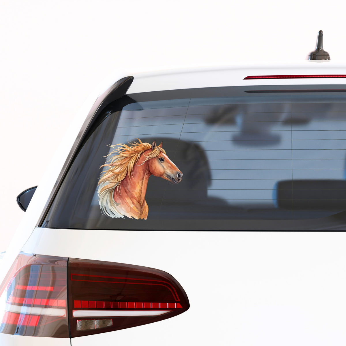 Chestnut Horse Head Golden Mane UV DTF sticker applied to the rear window of a white car