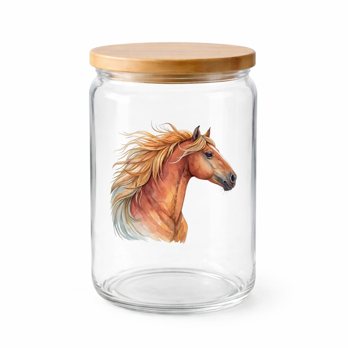 Chestnut Horse Head Golden Mane UV DTF sticker applied to a clear glass jar with a wooden lid