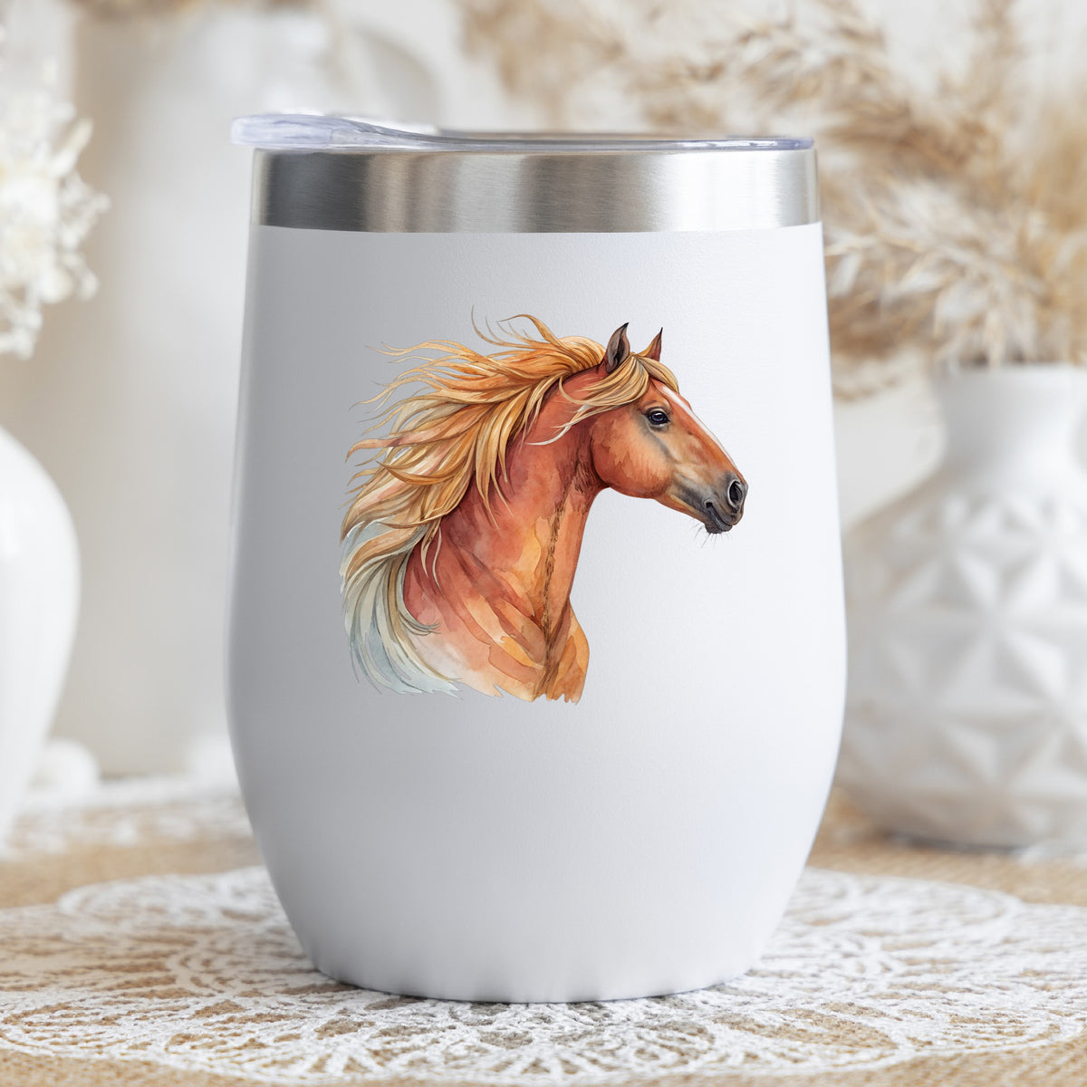 Chestnut Horse Head Golden Mane UV DTF sticker applied to a white stemless tumbler with a lid