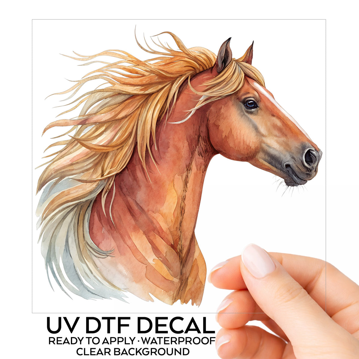 Chestnut Horse Head Golden Mane UV DTF sticker on its backing card, held in hand