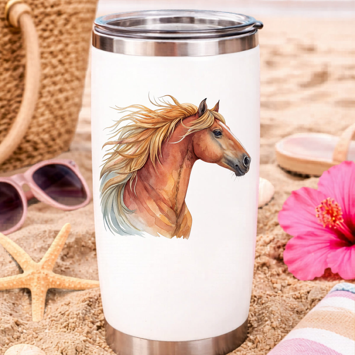 Chestnut Horse Head Golden Mane UV DTF sticker applied to a white travel tumbler on beach sand