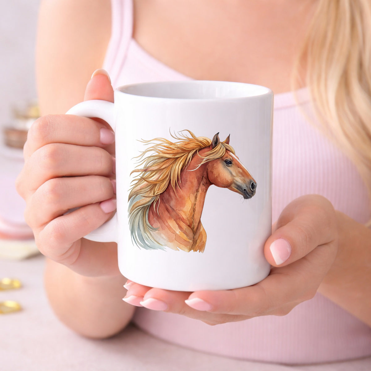 Chestnut Horse Head Golden Mane UV DTF sticker applied to a white coffee mug held in both hands