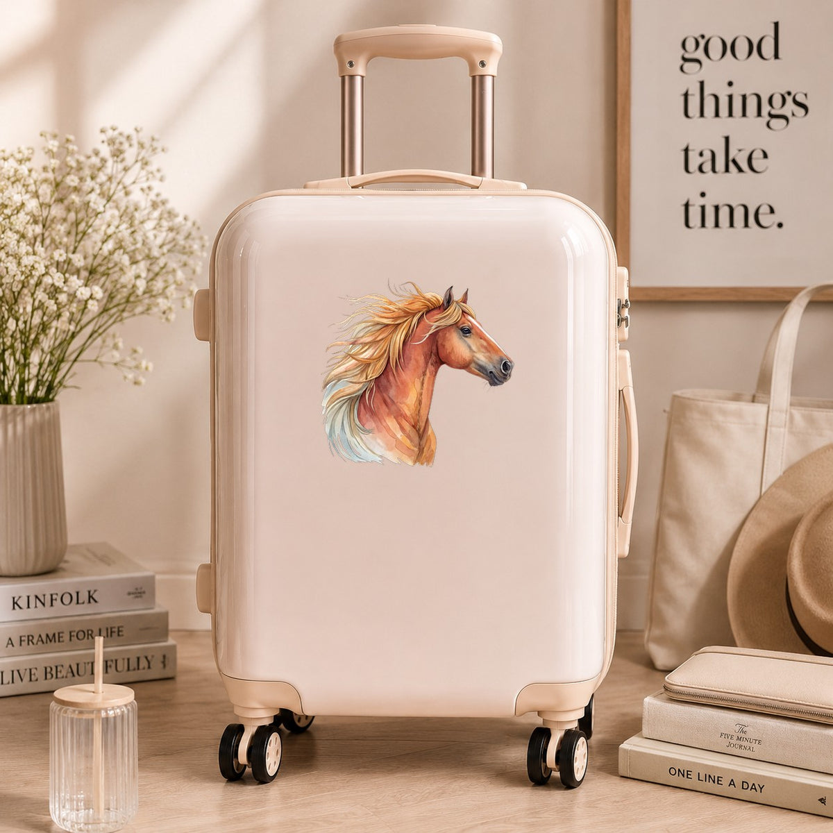 Chestnut Horse Head Golden Mane UV DTF sticker applied to a cream carry-on suitcase