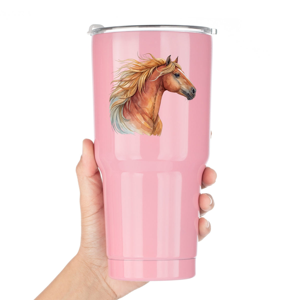 Chestnut Horse Head Golden Mane UV DTF sticker applied to a pink tumbler held against a white background