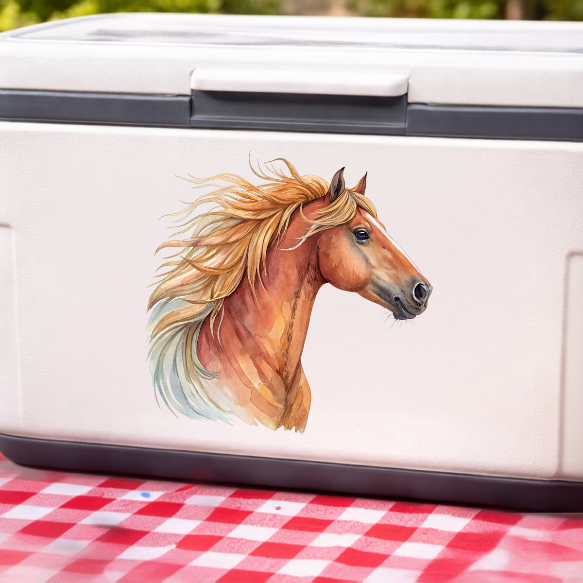Chestnut Horse Head Golden Mane UV DTF sticker applied to a white cooler on a red gingham cloth