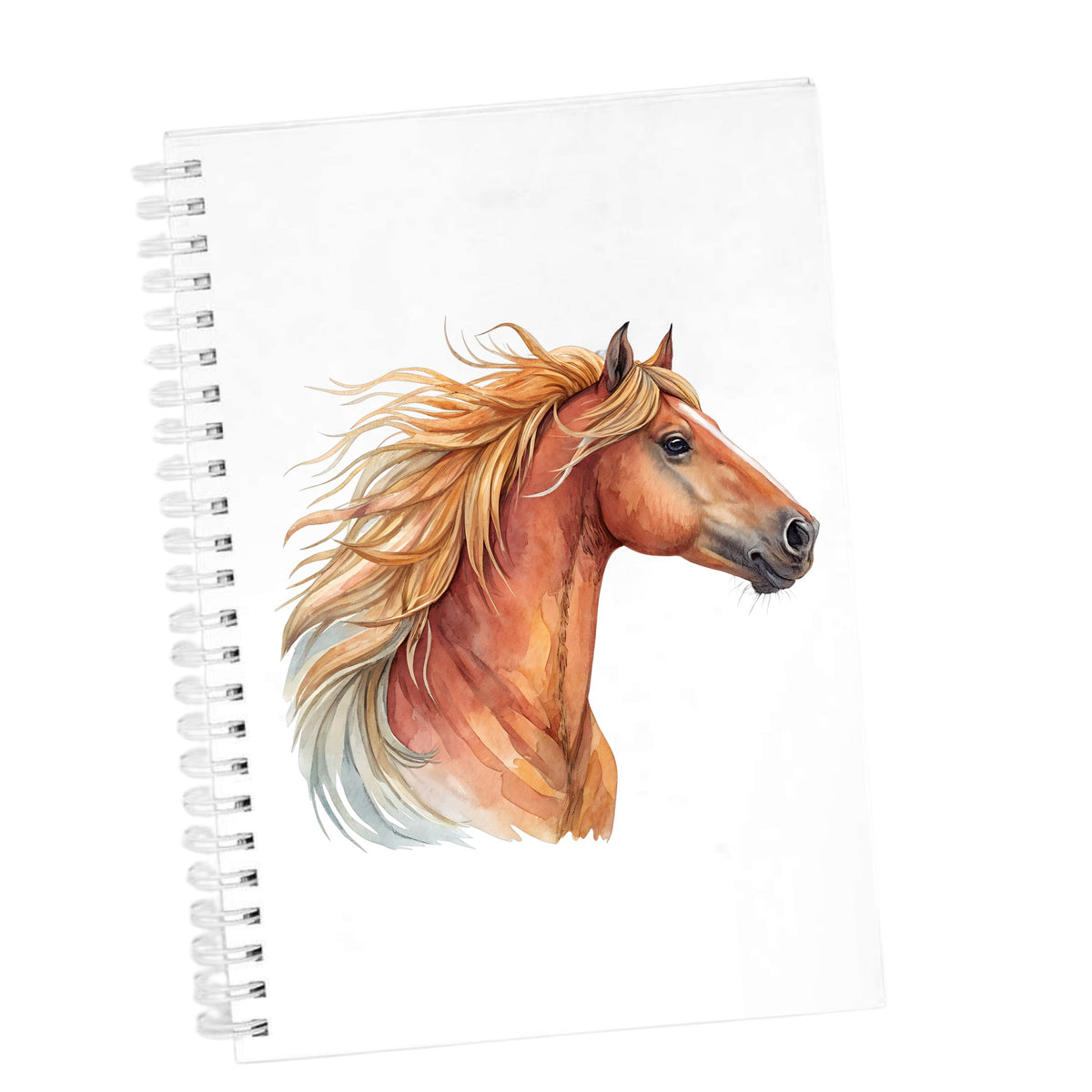Chestnut Horse Head Golden Mane UV DTF sticker applied to the cover of a white spiral journal