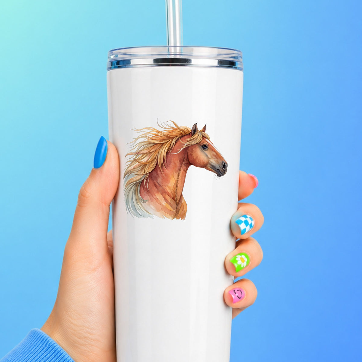 Chestnut Horse Head Golden Mane UV DTF sticker applied to a white straw tumbler on a blue background