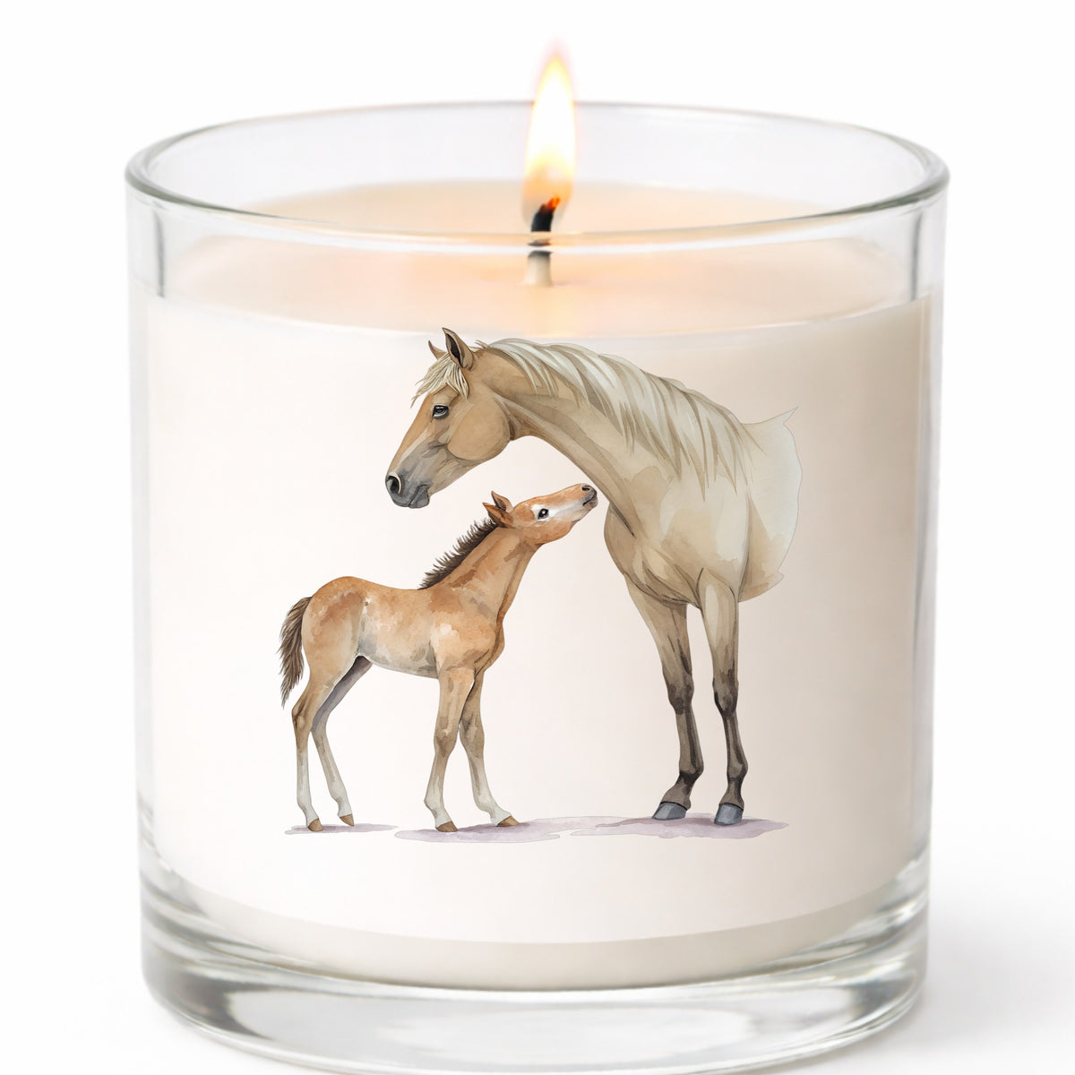 Mare Nuzzling Foal UV DTF sticker applied to a white candle in a clear glass jar
