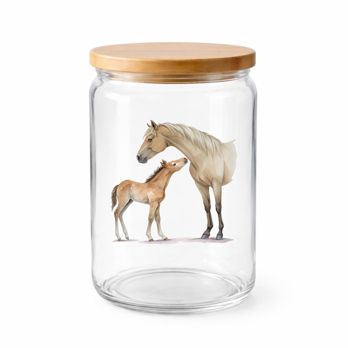 Mare Nuzzling Foal UV DTF sticker applied to a clear glass jar with a wooden lid