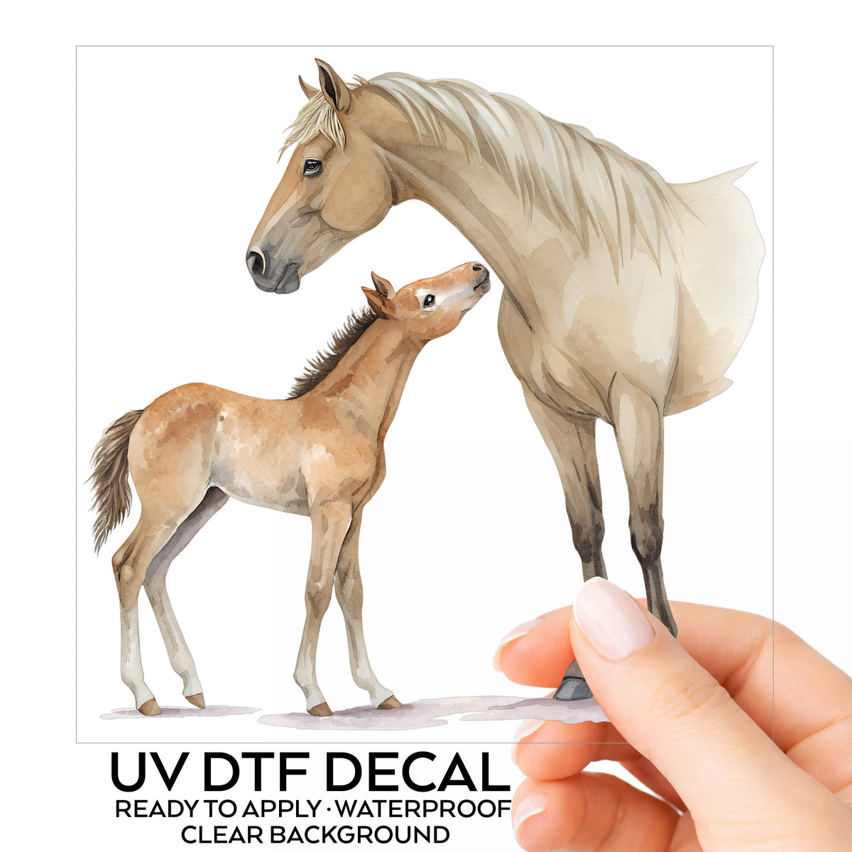 Mare Nuzzling Foal UV DTF sticker on its backing card, held in hand
