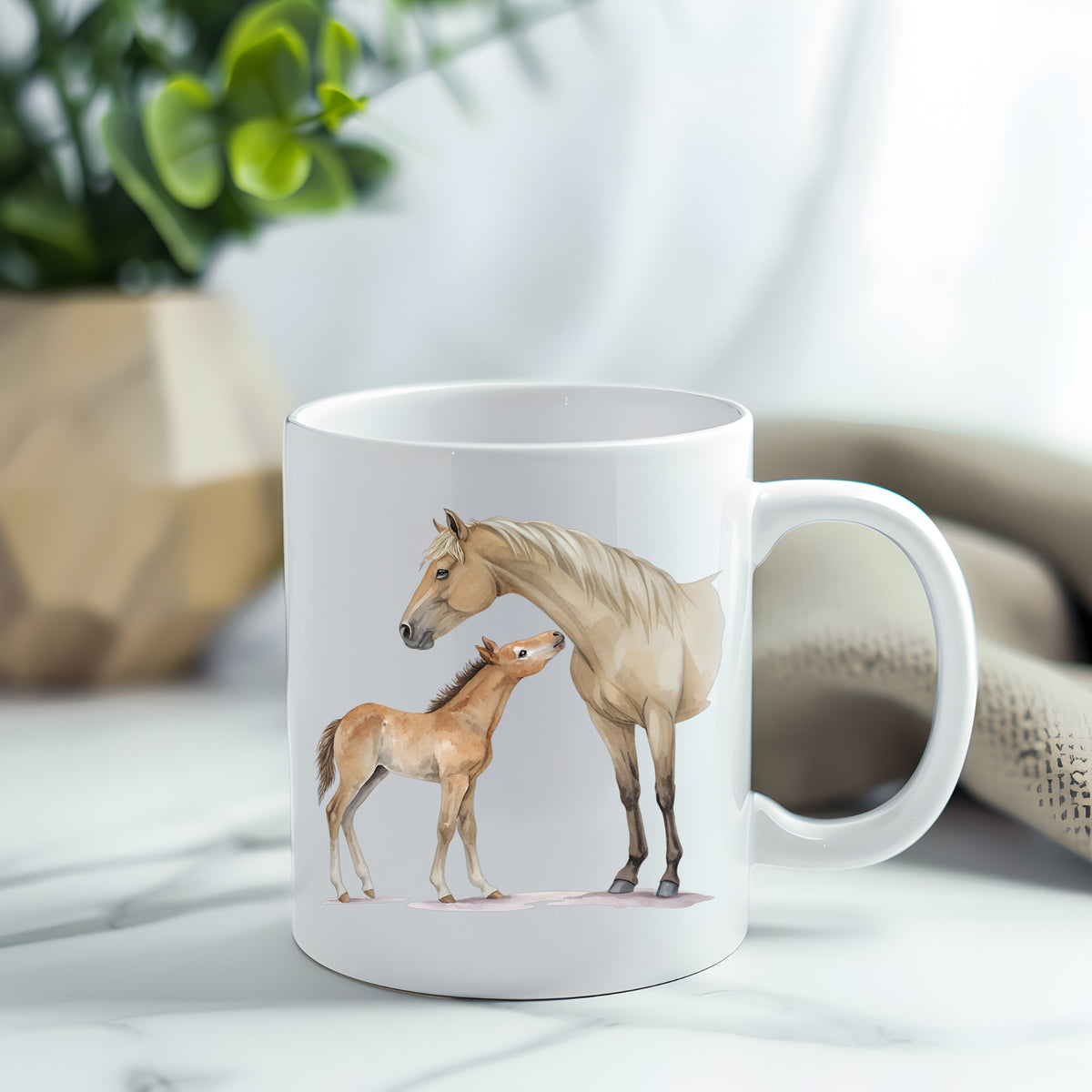Mare Nuzzling Foal UV DTF sticker applied to a white coffee mug