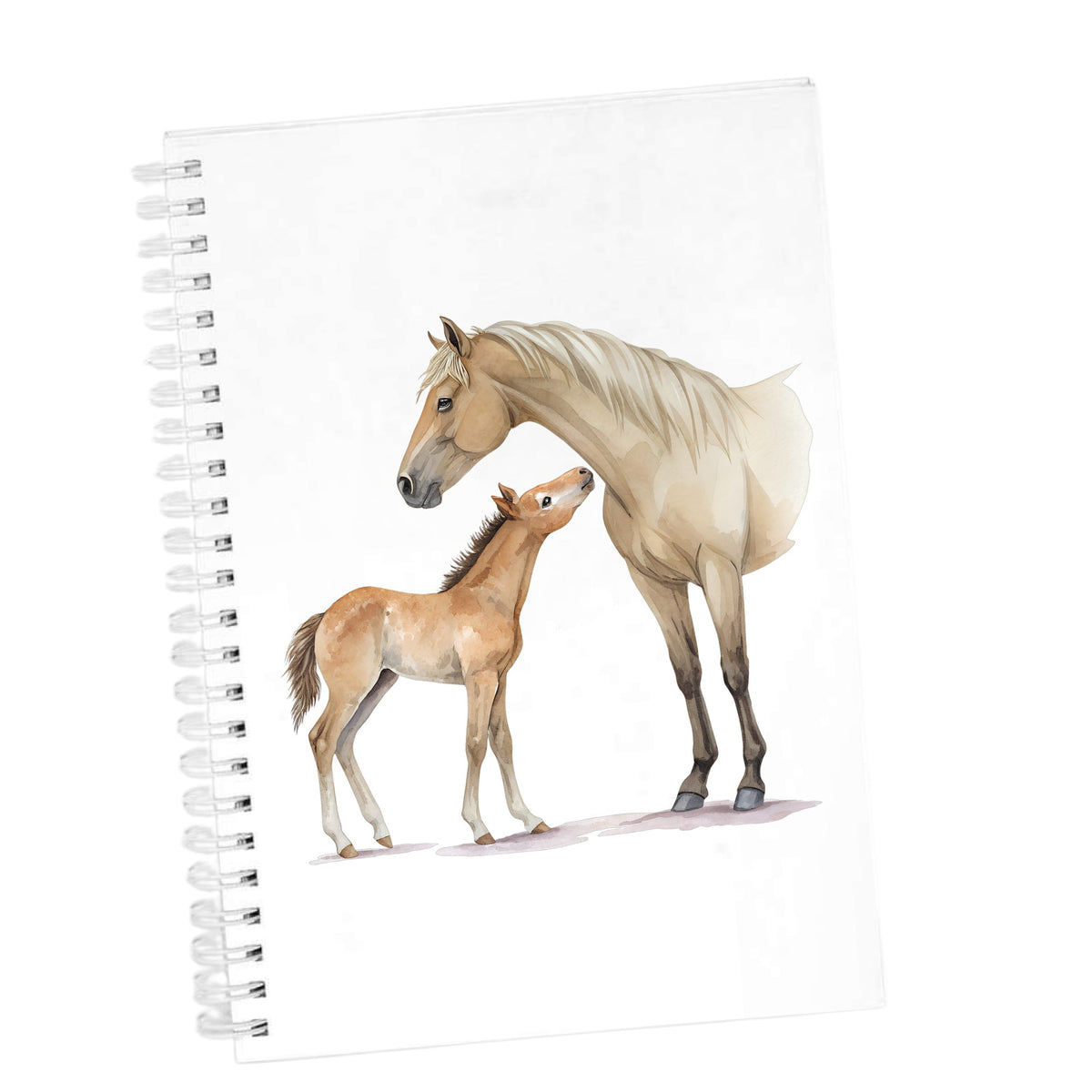 Mare Nuzzling Foal UV DTF sticker applied to the cover of a white spiral journal