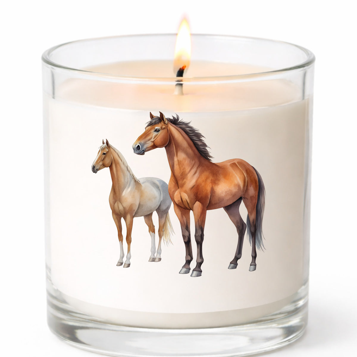 Pair Of Standing Horses Bay And Chestnut UV DTF sticker applied to a white candle in a clear glass jar