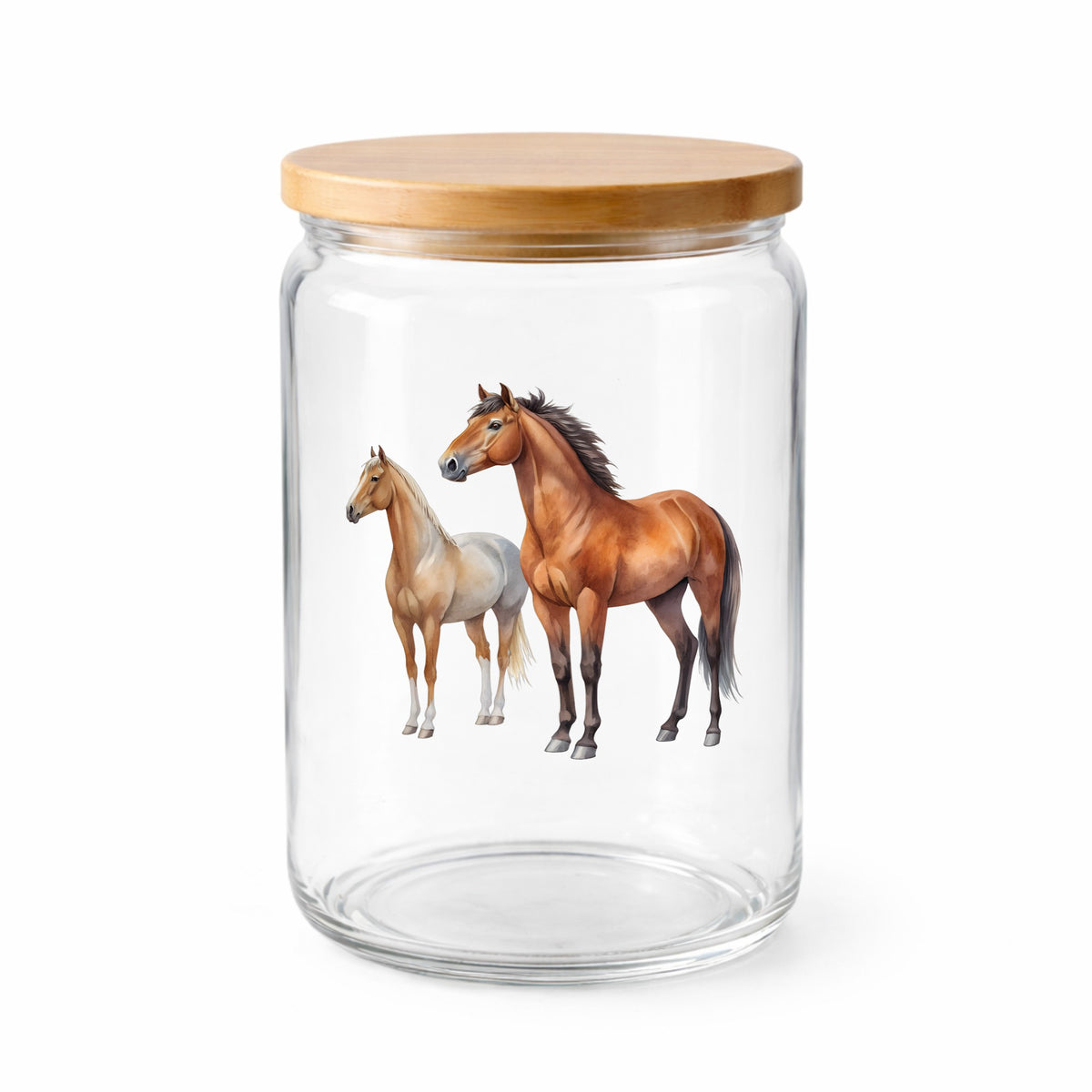 Pair Of Standing Horses Bay And Chestnut UV DTF sticker applied to a clear glass jar with a wooden lid