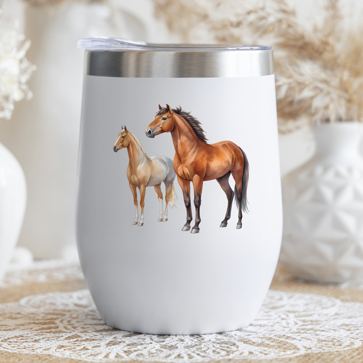 Pair Of Standing Horses Bay And Chestnut UV DTF sticker applied to a white stemless tumbler with a lid