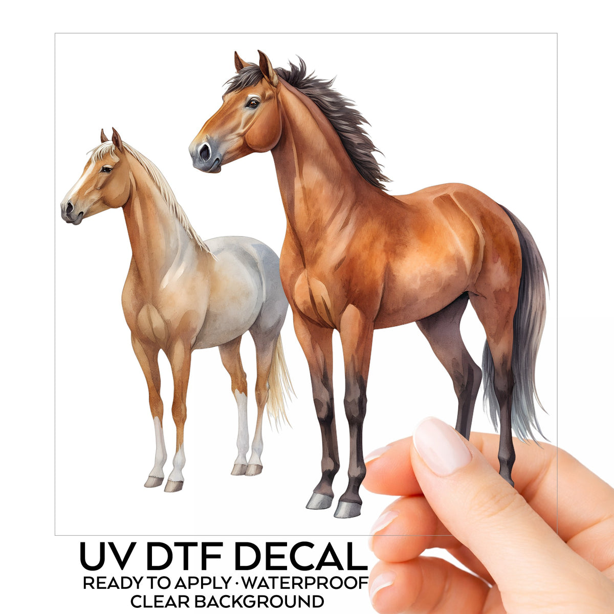 Pair Of Standing Horses Bay And Chestnut UV DTF sticker on its backing card, held in hand