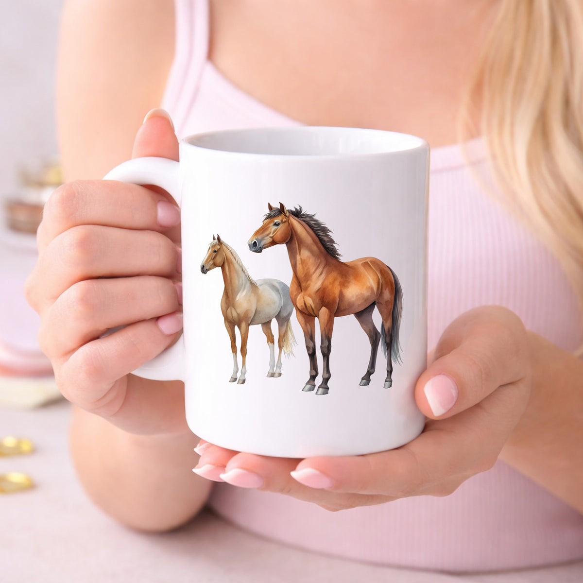 Pair Of Standing Horses Bay And Chestnut UV DTF sticker applied to a white coffee mug held in both hands