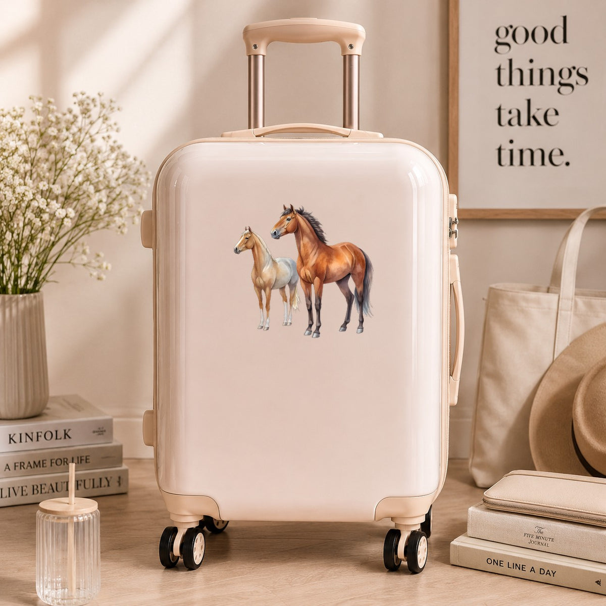 Pair Of Standing Horses Bay And Chestnut UV DTF sticker applied to a cream carry-on suitcase