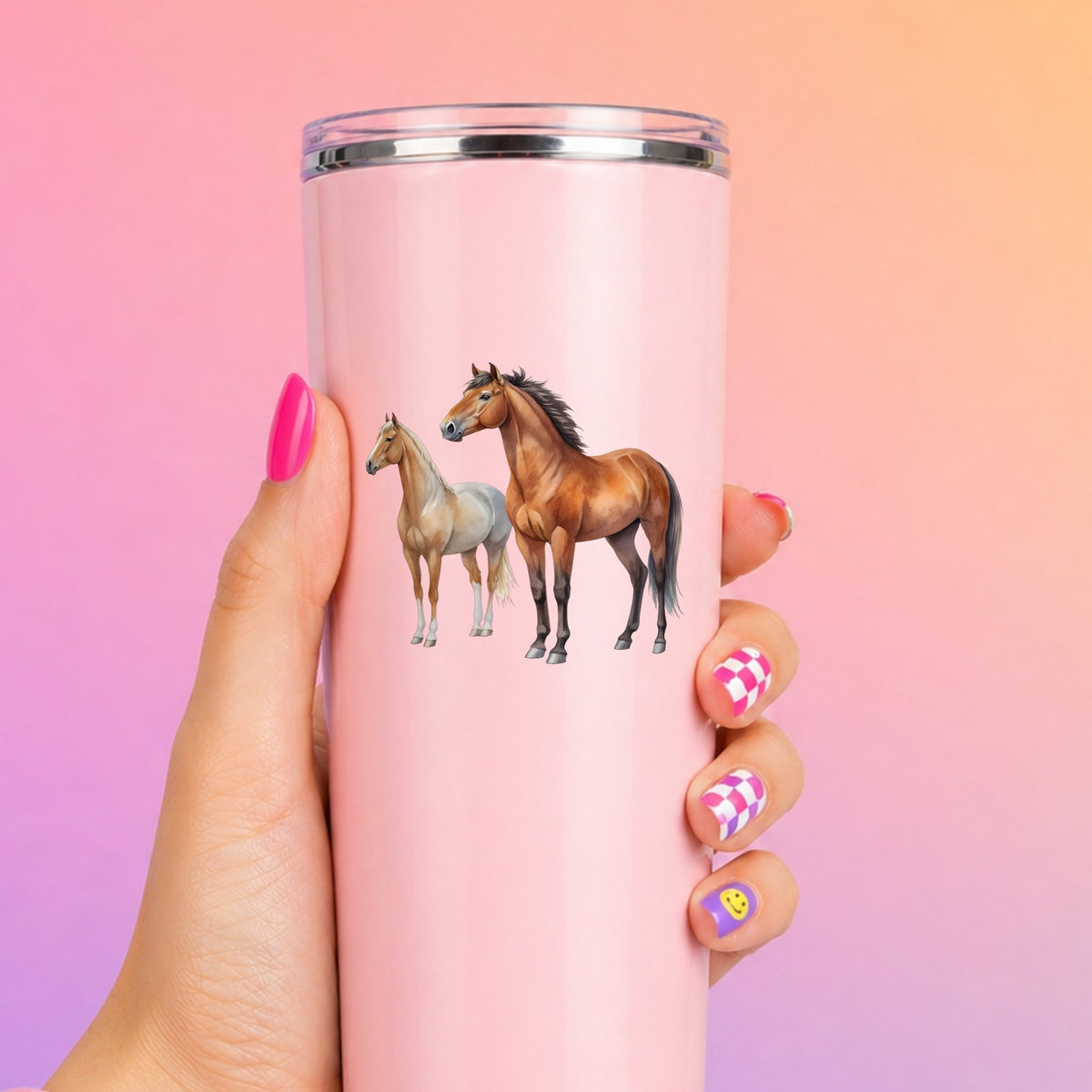 Pair Of Standing Horses Bay And Chestnut UV DTF sticker applied to a tall pink tumbler on a pink and orange background