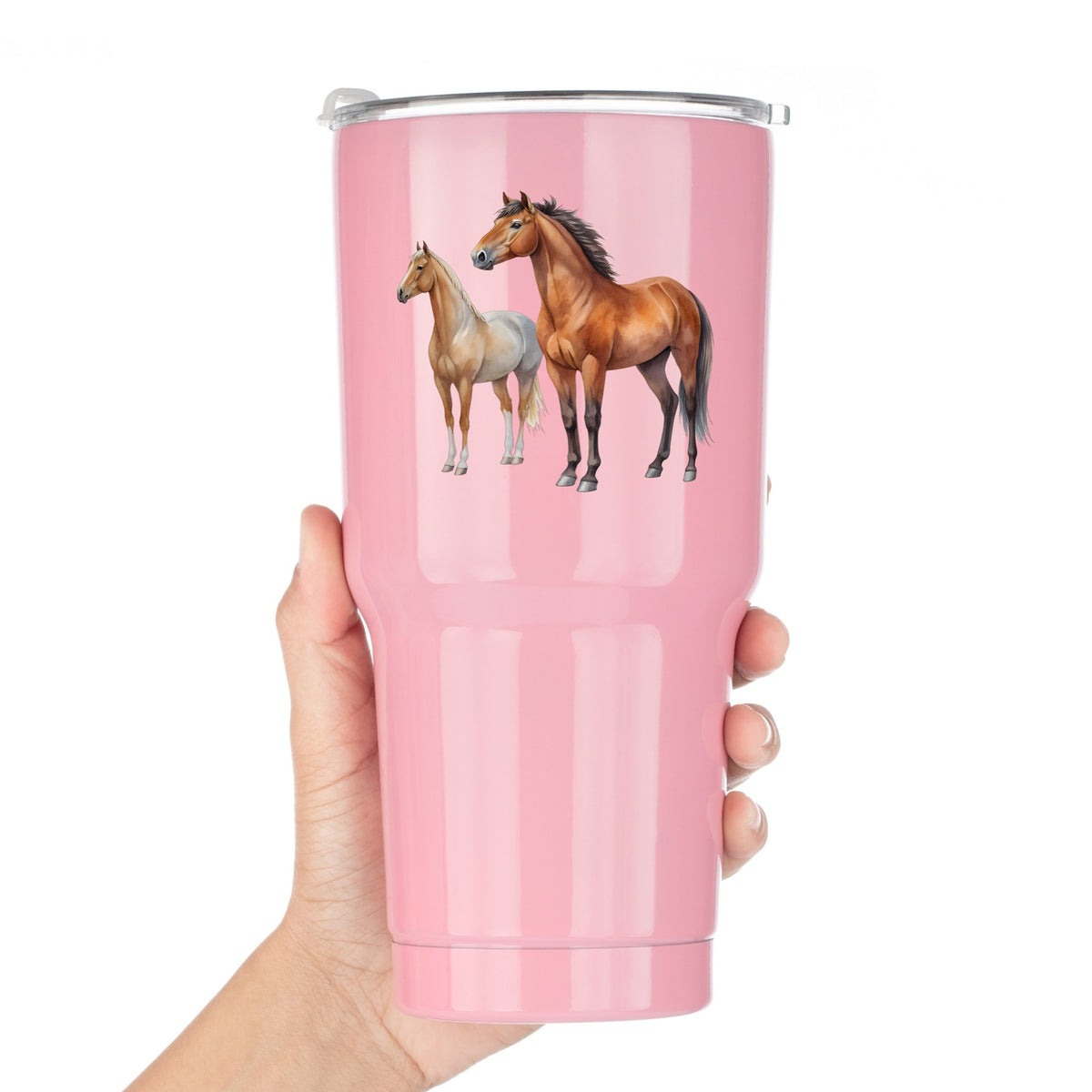 Pair Of Standing Horses Bay And Chestnut UV DTF sticker applied to a pink tumbler held against a white background