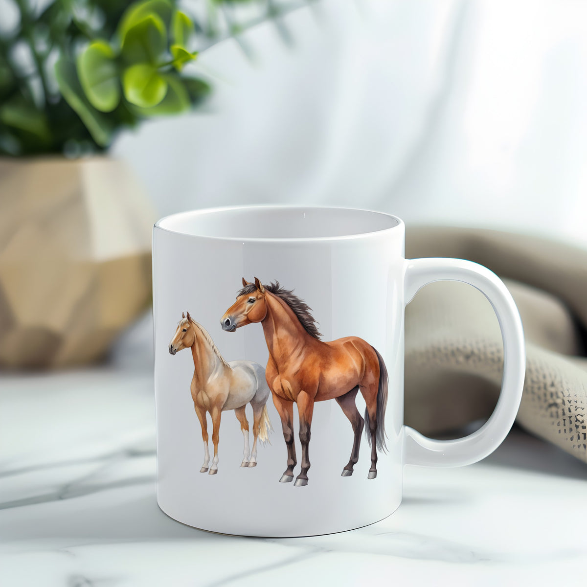 Pair Of Standing Horses Bay And Chestnut UV DTF sticker applied to a white coffee mug