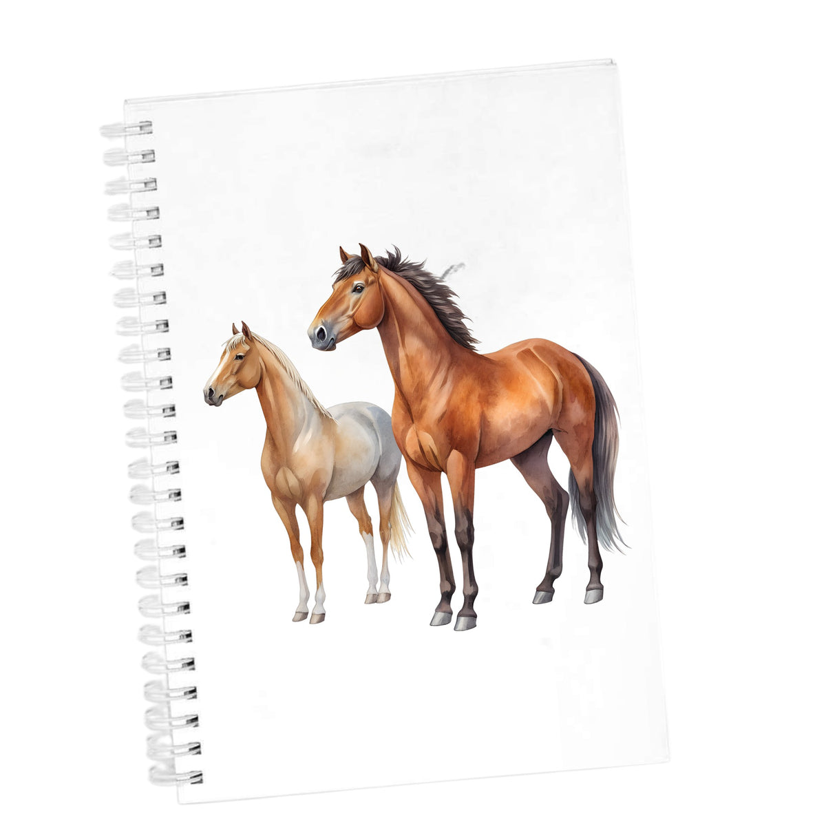 Pair Of Standing Horses Bay And Chestnut UV DTF sticker applied to the cover of a white spiral journal