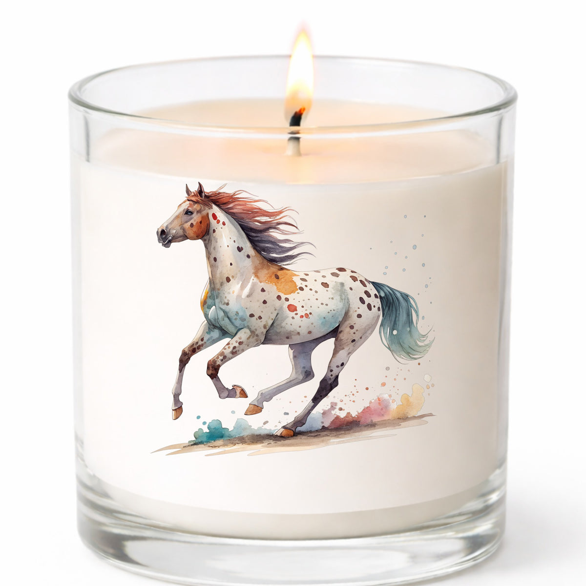 Appaloosa Spotted Horse Running UV DTF sticker applied to a white candle in a clear glass jar