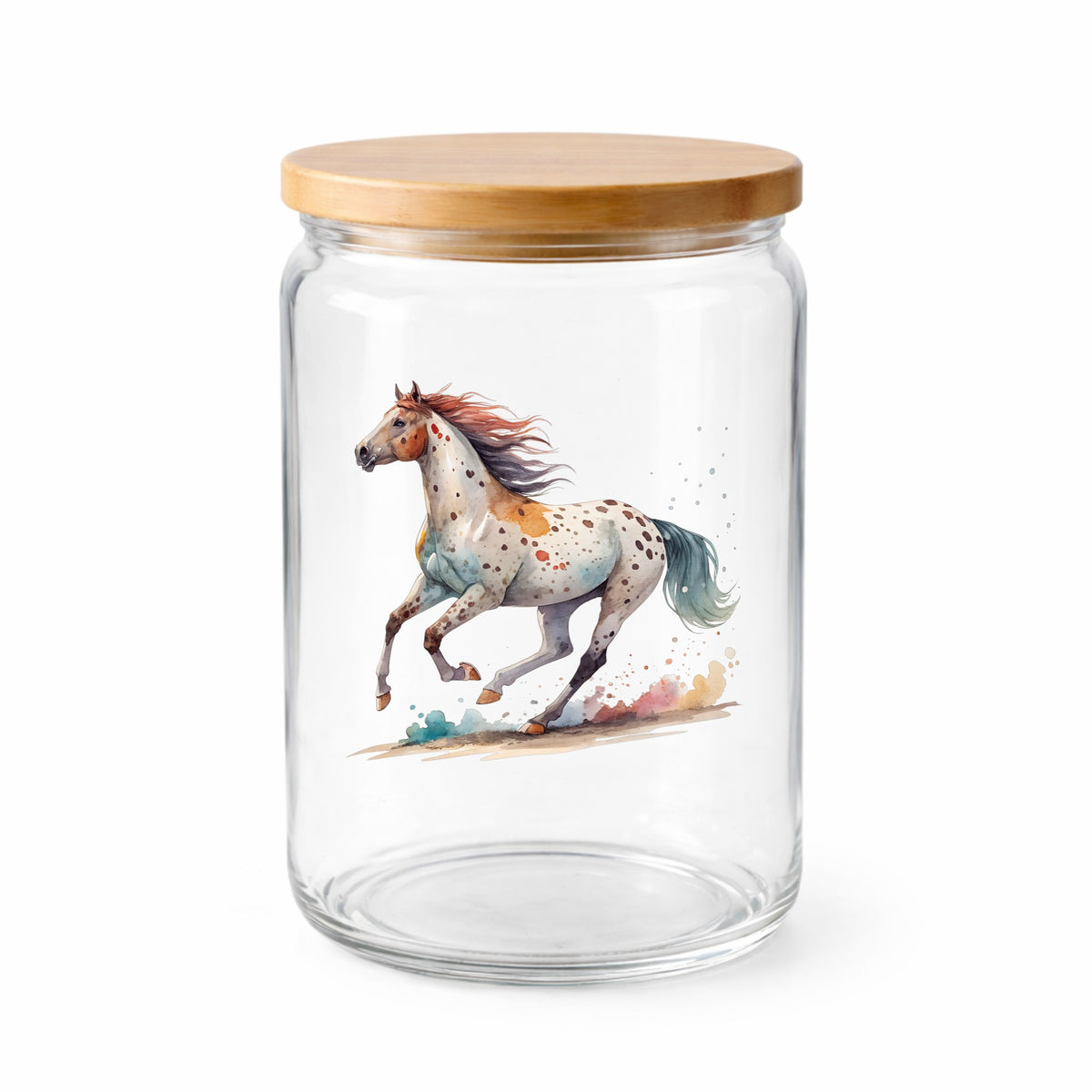 Appaloosa Spotted Horse Running UV DTF sticker applied to a clear glass jar with a wooden lid