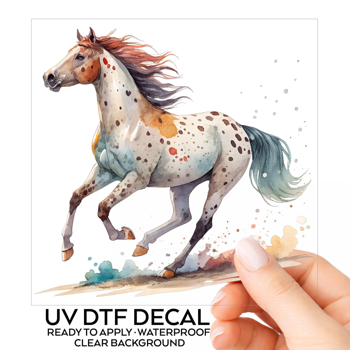Appaloosa Spotted Horse Running UV DTF sticker on its backing card, held in hand