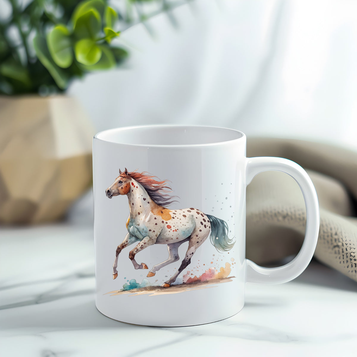 Appaloosa Spotted Horse Running UV DTF sticker applied to a white coffee mug