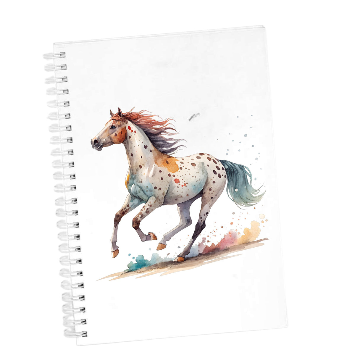 Appaloosa Spotted Horse Running UV DTF sticker applied to the cover of a white spiral journal