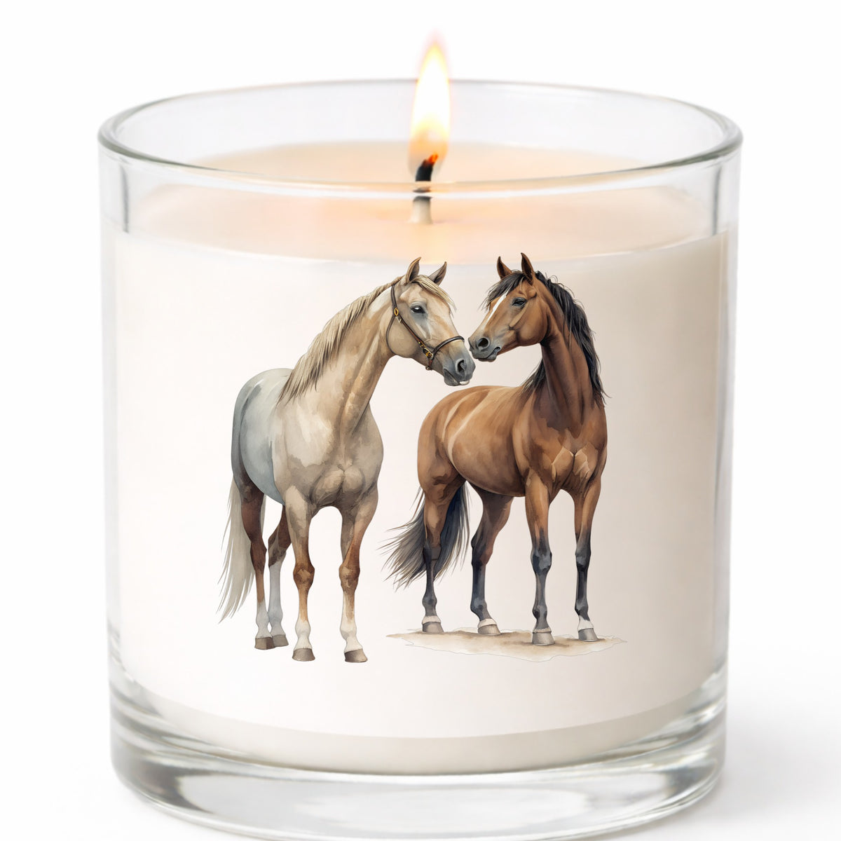 Two Horses Touching Noses UV DTF sticker applied to a white candle in a clear glass jar